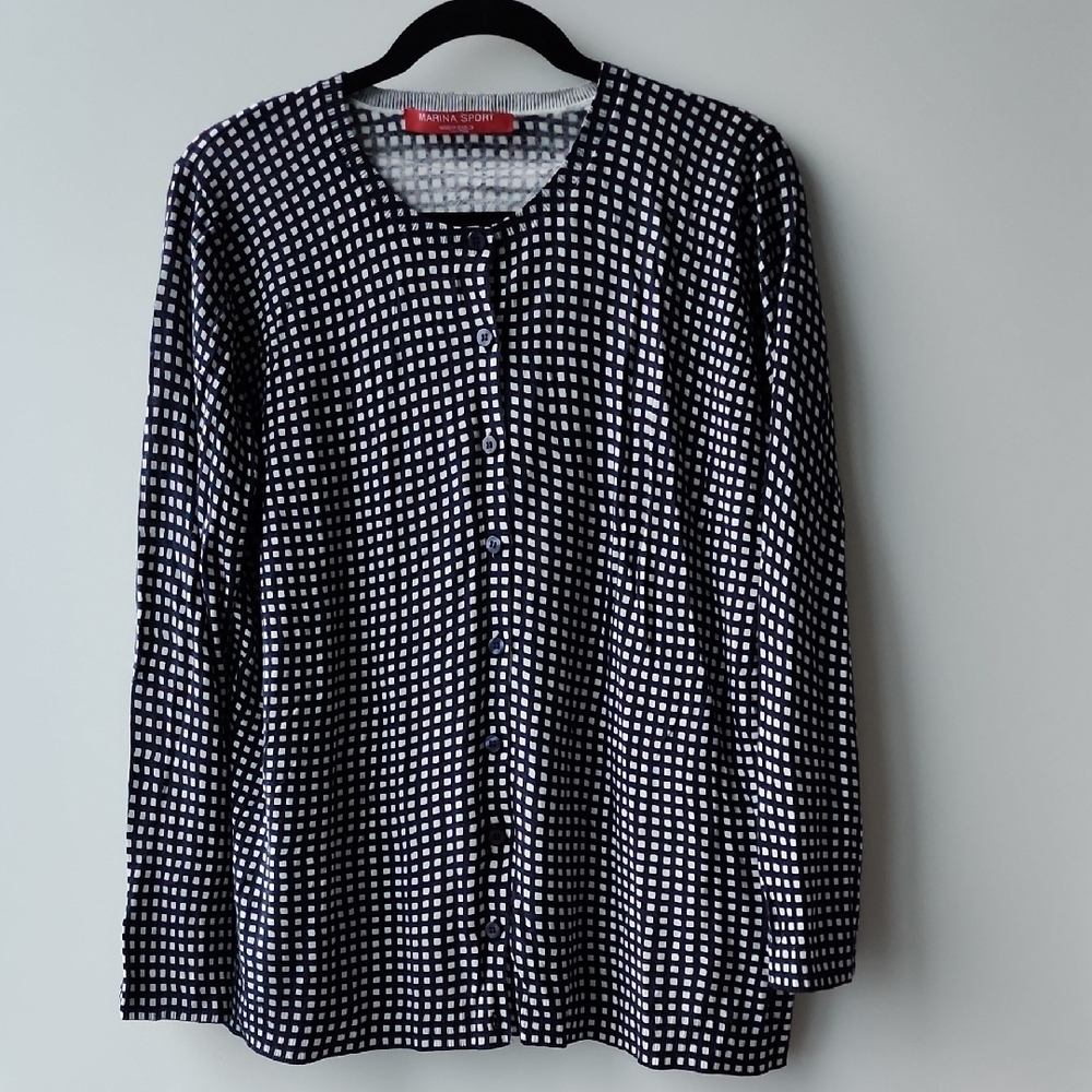 Marina Sport by Marina Rinaldi Fine Knit Cotton Modal Checkered Cardigan - Picture 1 of 7